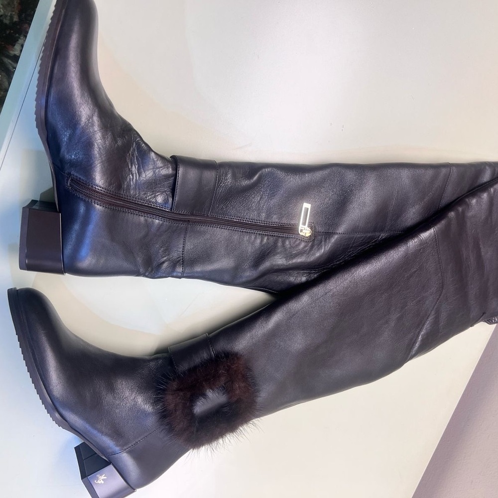 Marino Fabiani Sleek Black and brown Over the Knee leather Boots fur cuff NWT